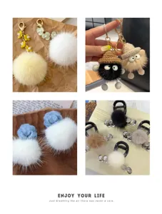 Fluffy mink fur pom-pom keychain and sparkling crystal hair claw set for daily stylish accessories.