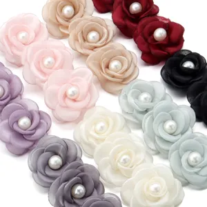 DIY mesh fabric camellia flower accessories with pearl center for garments, shoes and crafts.
