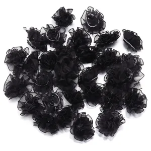 Garnitures de fleurs d'œillet faites à la main en organza noir, 3.5cm accessoires de bricolage.