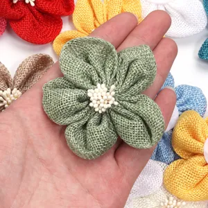 Handmade burlap flower accessories, five-petal fabric flowers with stamens for DIY crafts