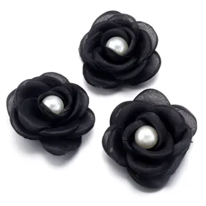 Black mesh camellia fabric flowers with pearl center DIY handmade corsage accessories 5cm