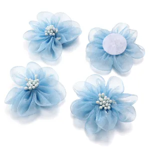 5cm organza flower patches blue DIY hair accessories stamen clothing decoration craft supplies