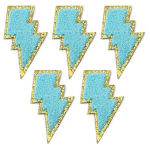 Ricamo ciniglia toppa lampo blu e glitter oro per decorazione vestiti fai da te dettagli.