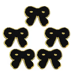 Set di 5 toppe ricamate con fiocco nero e bordo oro termoadesive per vestiti e accessori DIY.