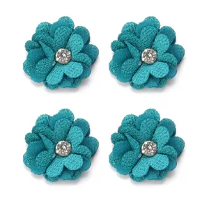 Turquoise fabric flower DIY accessories with rhinestone core for handmade crafts, hair ropes, clothing.