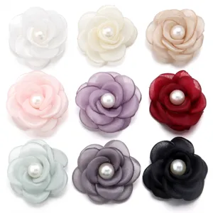 Handmade Mesh Artificial Pearl Camellia Flower Garment Accessories Burned Edge Simulation Flower For DIY Apparel Shoes Brooch Decor