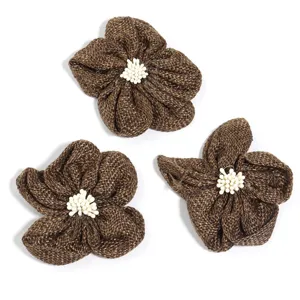 Handmade burlap five-petal flower DIY accessories with white bead stamens for crafting.