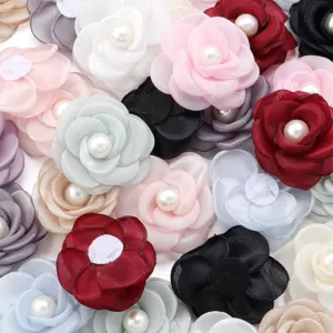DIY mesh camellia flower patches with pearl centers for clothing apparel accessories and craft sewing