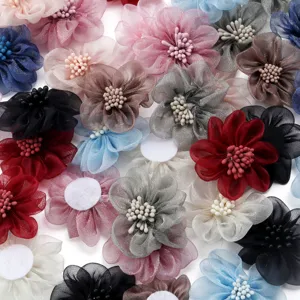 5cm Organza Fabric Flowers with Stamens DIY Hair Clip Shoe Flower Brooch Apparel Craft Accessories