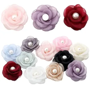 5cm mesh pearl camellia fabric flowers DIY handmade apparel accessories for shoes and corsages
