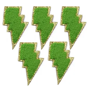 Toppa ricamata a fulmine in ciniglia verde con bordo glitterato dorato, 5 pezzi badge fai da te