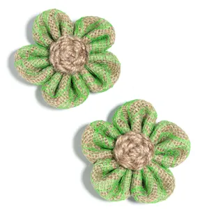 Handmade burlap five-petal flower detail, featuring green mesh and stamen for DIY craft accessories.