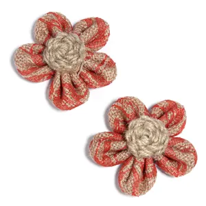 Handmade burlap fabric flower DIY accessories with red mesh for clothing and hair clips.