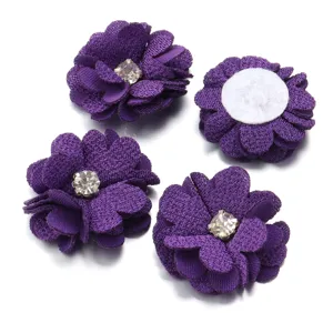 Purple fabric flower patches with crystal rhinestones for DIY handmade craft accessories 4pcs