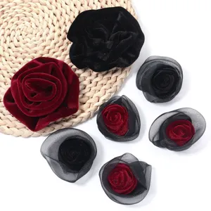 Velvet and mesh rose flower patches for clothing, DIY hair clips, and bag accessories.