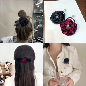 Velvet rose flower hair tie clip brooch elegant accessories for women girls fashion styling