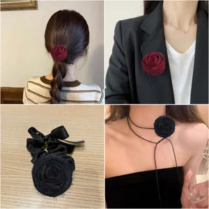 Velvet rose flower brooch and hair tie detail showing multiple wearing ways like choker.