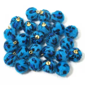 Blue fluffy leopard print pom pom charms with gold loop for DIY jewelry and accessories