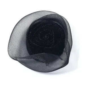 Black mesh velvet rose flower brooch hair clip accessory for garments and bags detailing.