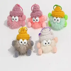 Cute fluffy pom pom keychain plush toy with crochet hat and big eyes adorable bag charm pendant
