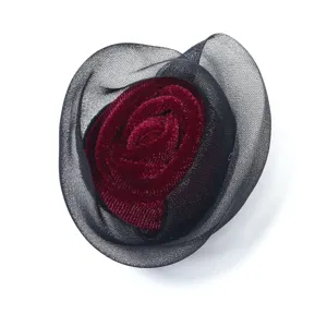 Elegant black mesh red velvet rose flower brooch hair clip DIY apparel accessory patch