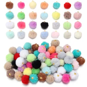 Fluffy faux rabbit fur pom pom charms with gold loops, colorful DIY jewelry pendants.