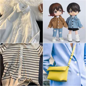 Detailed views of stylish white shirts, trendy doll outfits, knit cardigans, and chic bags.