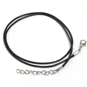Black wax cord necklace detail shot with lobster clasp and extension chain for DIY jewelry making.