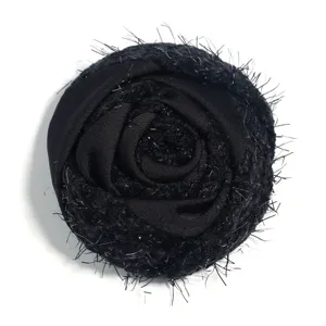 Black fabric rose flower brooch patch, velvet and mesh accessory for garments and bags.