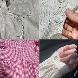 Vue détaillée de boutons en coquillage de qualité, broderie exquise et textures en maille fine.