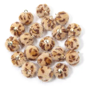 Fluffy leopard print faux fur ball pendant with metal loop for DIY jewelry making.
