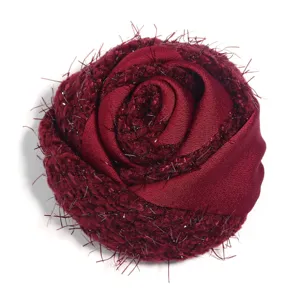 Burgundy velvet mesh glitter rose flower accessory detail, perfect for apparel and crafts.