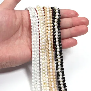 Polyester pearl lace trim with metallic gold thread for clothing DIY, hat, hair clip decoration