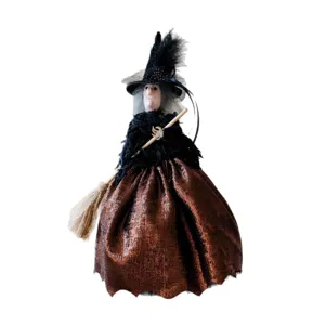 Halloween Hexe Haengende Puppe Dekoration, suesses Trick Spielzeug mit Besen und braunem Rock