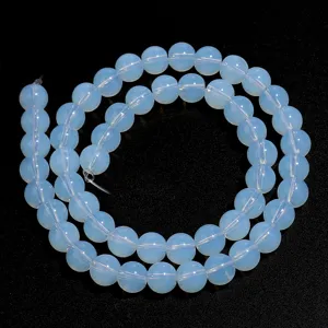 Synthetic opal round beads loose strand for DIY jewelry making, smooth milky white finish.