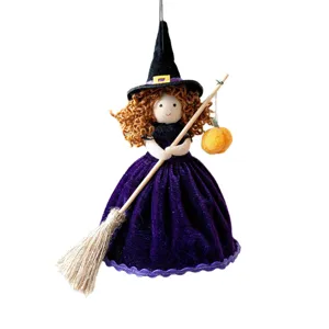 Halloween Dekoration Baumwollpuppe Hexenmädchen mit Besen Hängeanhänger Party Requisite