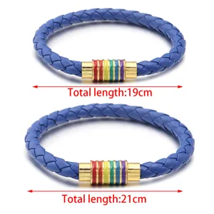 Blau geflochtenes PU-Lederarmband mit regenbogenfarbenem Magnetverschluss, modisch, 19/21cm