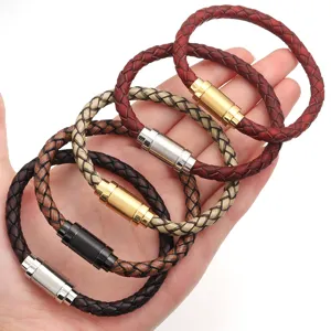 Bracciale in pelle intrecciata con chiusura magnetica in acciaio inossidabile, accessorio moda.