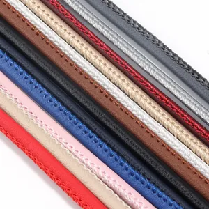 Close-up detail of colorful 3mm leather cords for DIY handmade jewelry bracelets and necklaces.