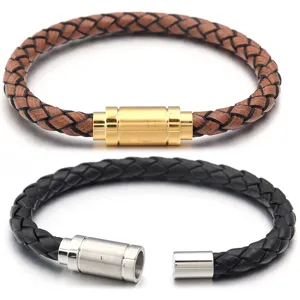 Bracciale in vera pelle intrecciata con chiusura magnetica in acciaio inossidabile
