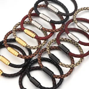 Bracciale in Vera Pelle Intrecciata con Chiusura Magnetica in Acciaio Inox Colorato