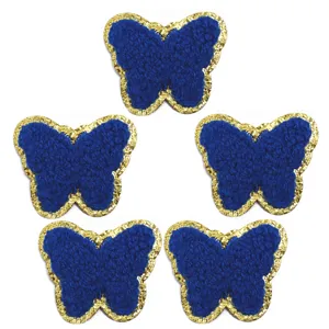 Ciniglia ricamo asciugamano farfalla toppe termoadesive, blu e oro glitter bordo vestiti fai da te.