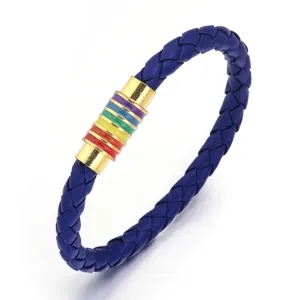 Blaues geflochtenes PU Lederarmband mit buntem Regenbogen Magnetverschluss fuer den Alltag