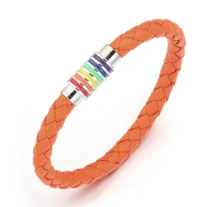 Oranger geflochtener PU Leder Regenbogen Magnetverschluss Armband Mode Schmuck Detail