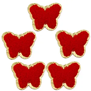 Toppa farfalla ricamo ciniglia rossa bordo dorato accessorio abbigliamento DIY 5 pezzi