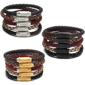 Set di bracciali intrecciati in vera pelle con chiusura magnetica in acciaio inossidabile.