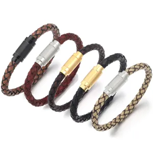Bracciale in Pelle Intrecciata Uomo Chiusura Magnetica Acciaio Inox Vintage Colori