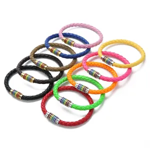 Mehrfarbiges geflochtenes PU-Lederarmband mit Regenbogen-Magnetverschluss Mode-Schmuck.