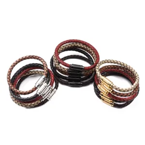 Set di bracciali in pelle intrecciata multi-filo con chiusura magnetica in acciaio inossidabile