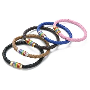 Böhmisches 6mm PU Leder geflochtenes Regenbogen magnetischer Verschluss Armband Mode